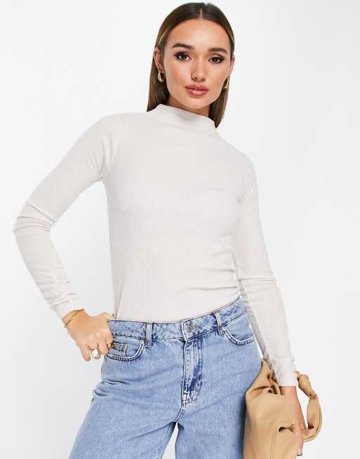River Island - Hoogsluitende geborstelde geribbelde top met lange mouwen in crème