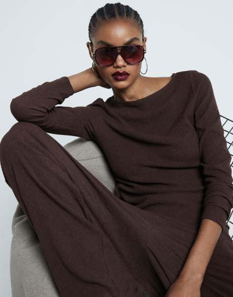 River Island - Hoogsluitende top met textuur in donkerbruin, deel van co-ord set - view 1
