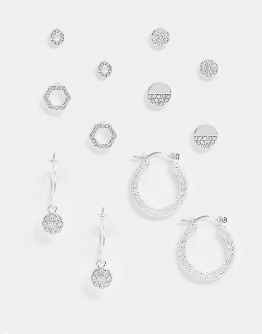 River Island hoop and stud diamante earring pack in silver