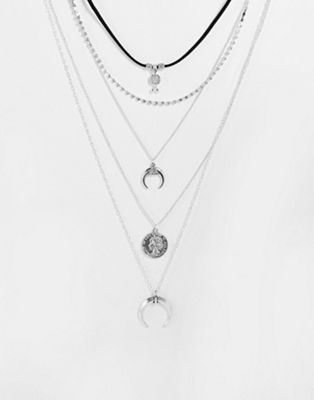 River Island horn and coin pendant multirow necklace in silver tone