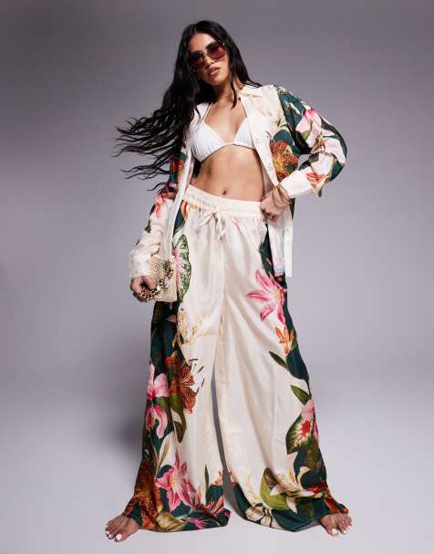 River Island – Hose in Creme mit Pflanzenprint und weitem Bein, Kombiteil - view 1