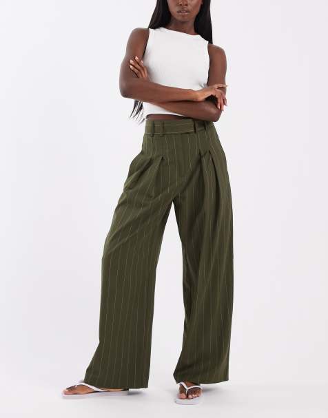 River Island – Hose in Grün mit Nadelstreifen und weitem Bein - view 1