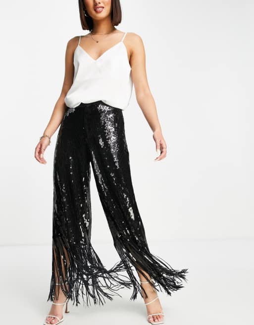 River Island – Hose in Schwarz mit Paillettenfransen