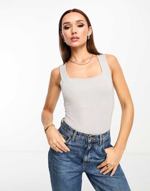 River Island hotfix slinky square neck bodysuit in silver