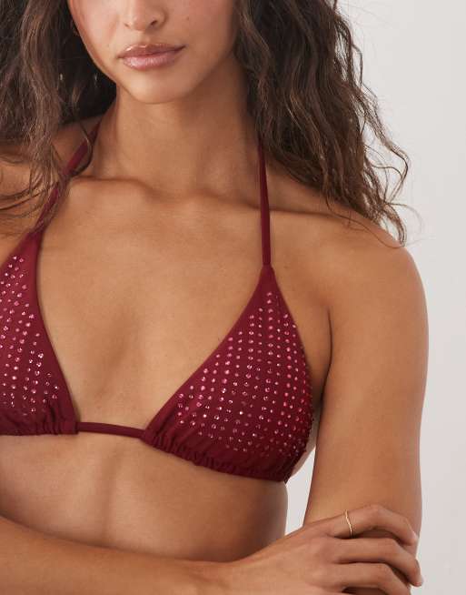 River Island hotfix triangle bikini top in red, 4 of 4