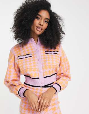 River Island houndstooth check cardigan & skirt co-ord in orange