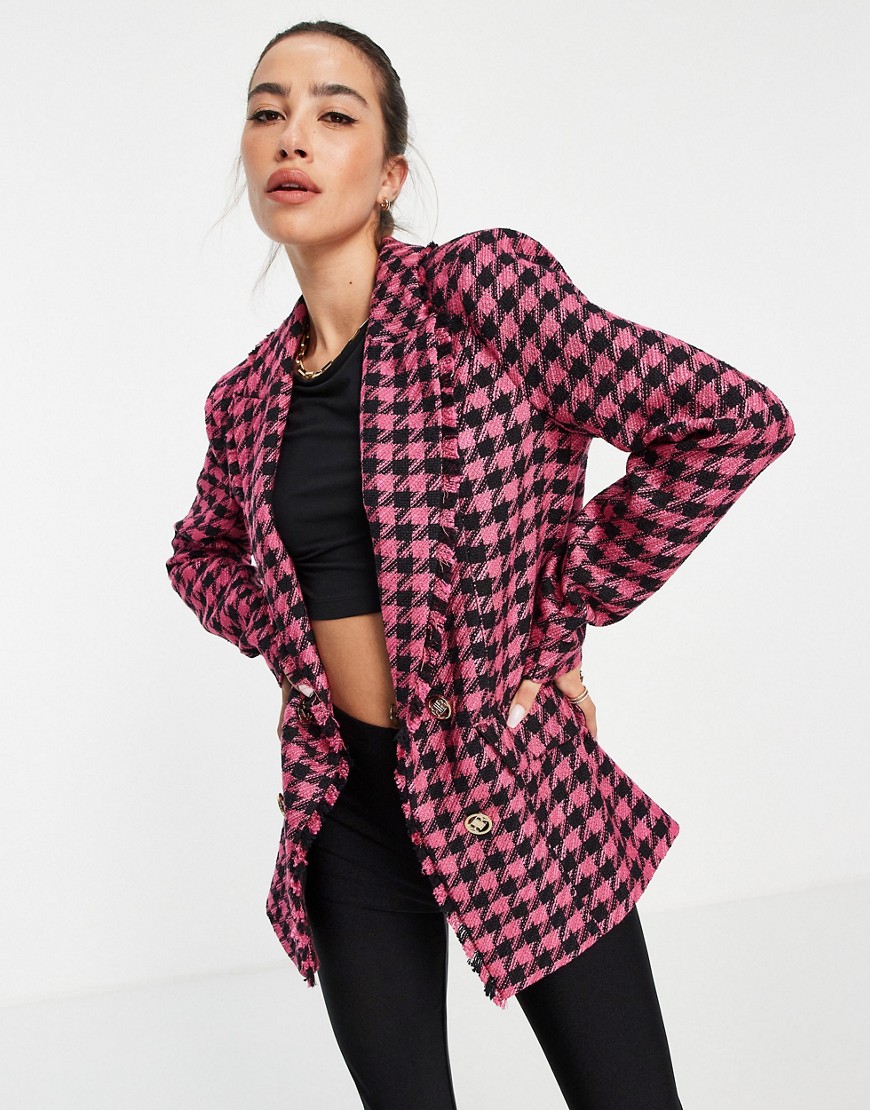 River Island houndstooth check boucle blazer in pink