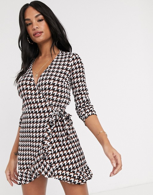 River Island houndstooth check wrap playsuit in black