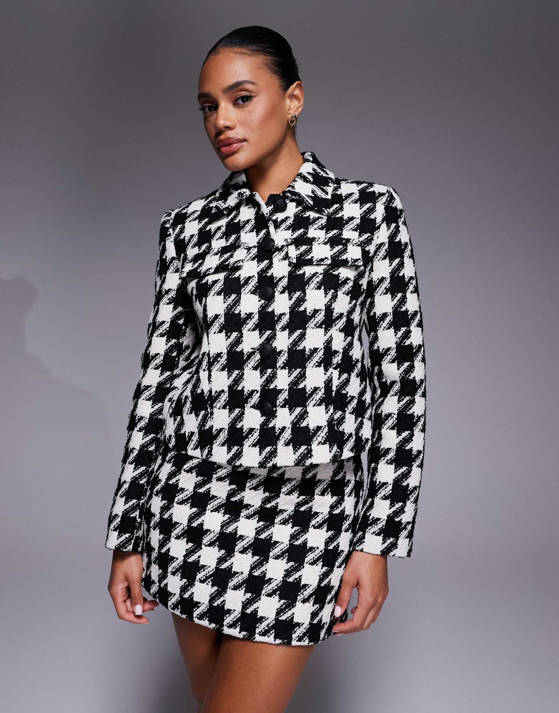 river island houndstooth two pocket cropped jacket in black