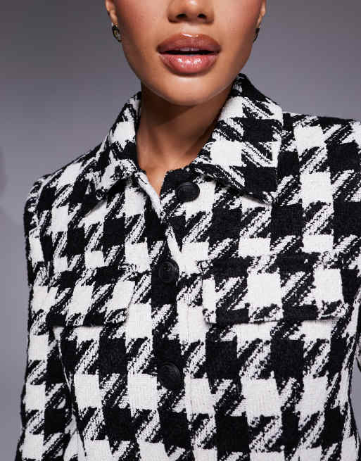 River Island houndstooth two pocket cropped jacket in black