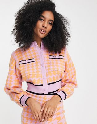 River Island houndstooth check bomber cardigan co-ord in orange