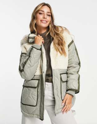 River Island hybrid borg and nylon jacket in khaki ASOS