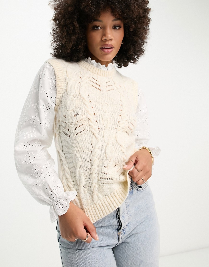 River Island hybrid cable knit broderie shirt jumper in cream-White