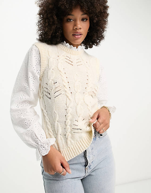 River Island - hybrid cable knit broderie shirt jumper in cream