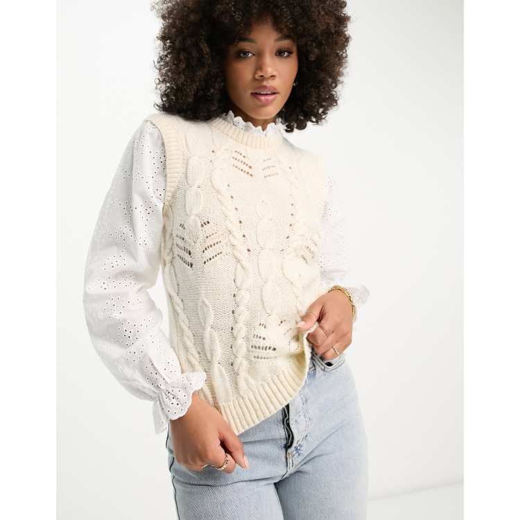 River Island hybrid cable knit broderie shirt jumper in cream | ASOS