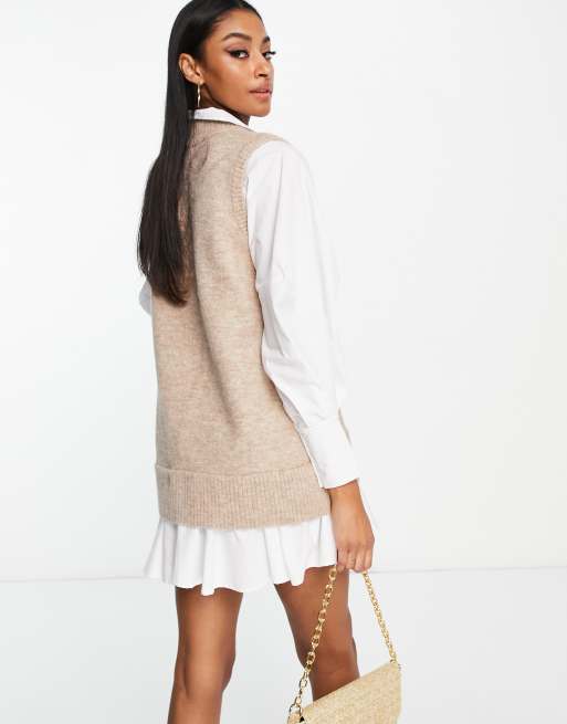 River Island hybrid jumper shirt dress in brown ASOS