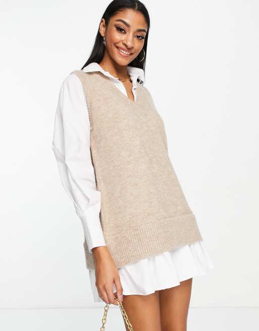 River Island hybrid jumper shirt dress in brown ASOS