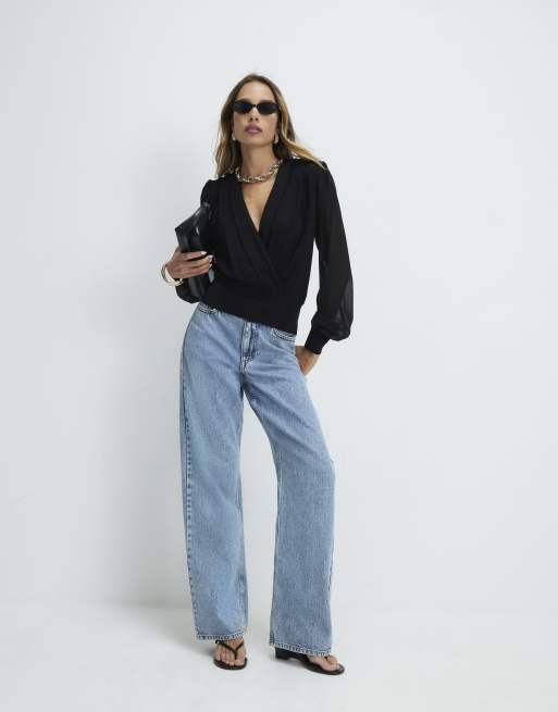 River Island Hybrid knit long sleeve top in black , 2 of 4