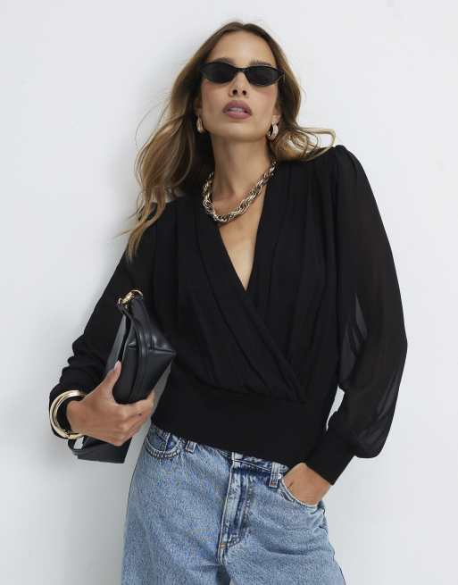 River Island Hybrid knit long sleeve top in black , 3 of 4