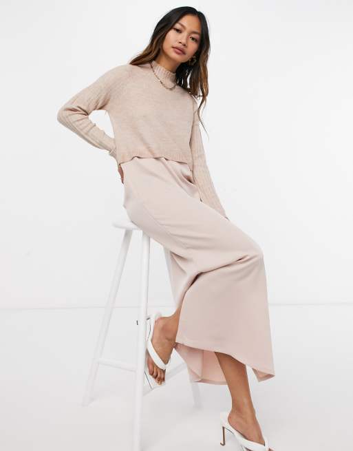 River Island hybrid satin slip midi dress with sweater overlay in pink