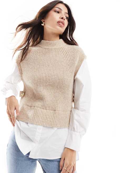 River Island hybrid shirt jumper in beige
