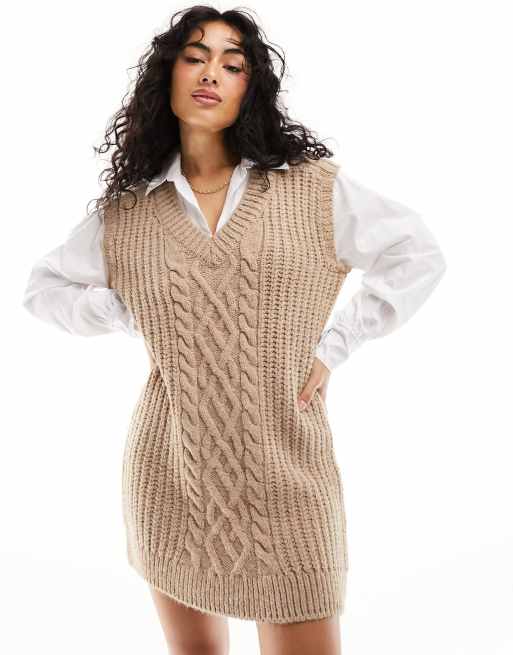 River Island – Hybrydowa beżowa sukienka koszulowa z dzianiny o warkoczowym splocie