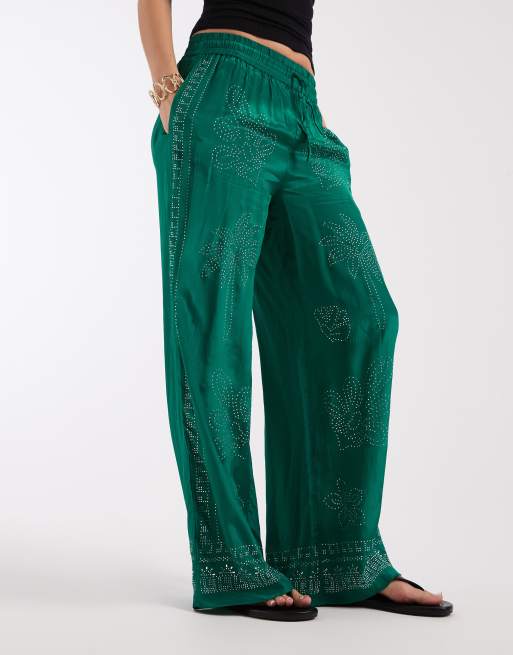 River Island iron on rhinestone wide leg pants in green, 2 of 5