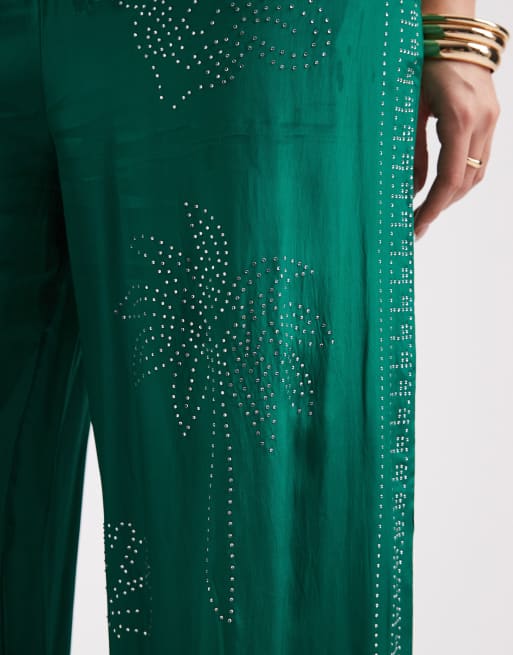 River Island iron on rhinestone wide leg pants in green, 4 of 5