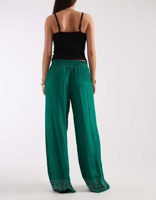 River Island iron on rhinestone wide leg pants in green, 5 of 5