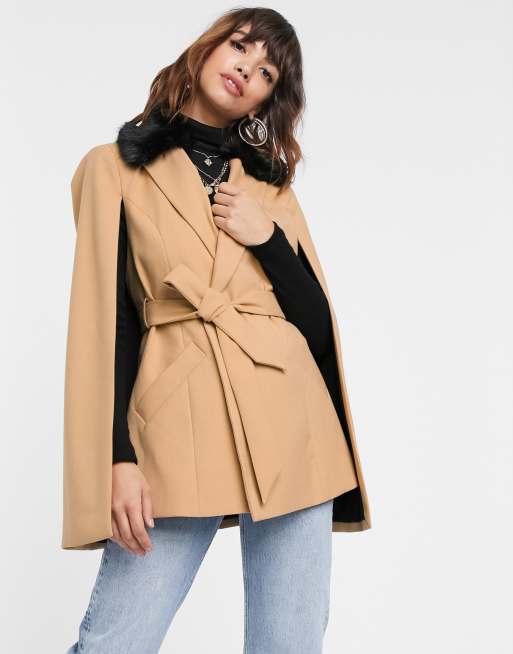 River Island - Jack met cape en kraag van imitatiebont in lichtbruin