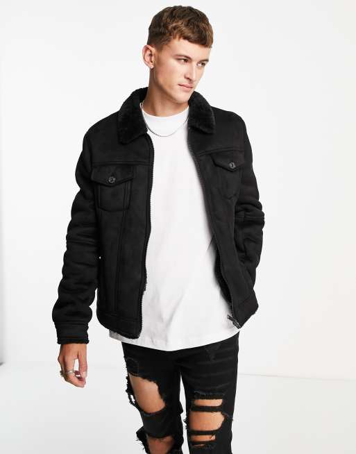 River Island Jacke in Schwarz im Western Stil mit Teddy Futter ASOS