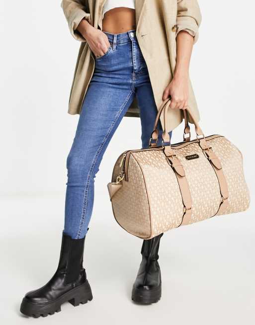 River Island jacquard barrel bag in beige