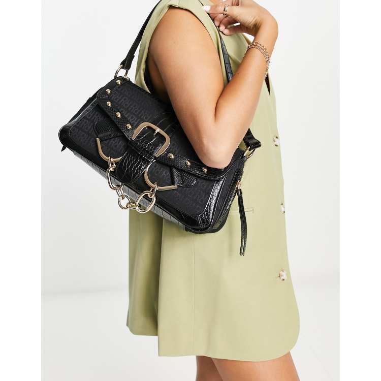 River Island jacquard buckle shoulder bag in black