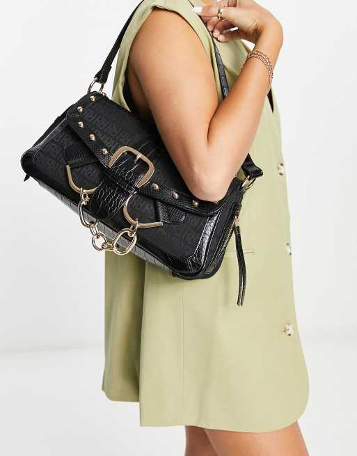 River Island jacquard buckle shoulder bag in black | ASOS