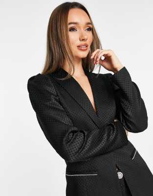 River Island jacquard co-ord blazer with diamante fringe trim in black