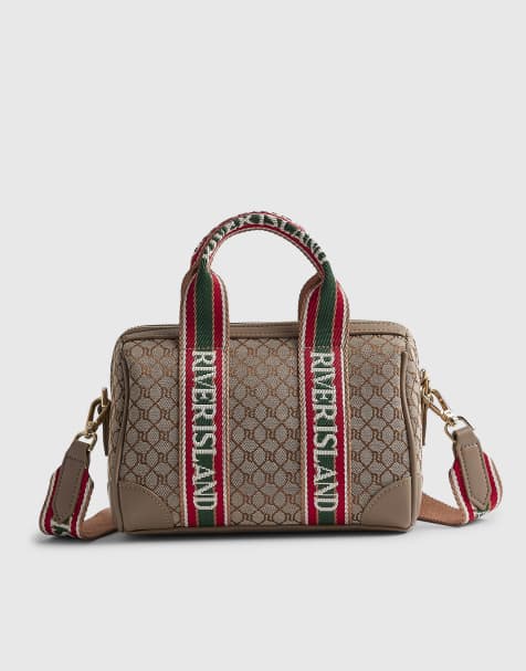 River Island Jacquard monogram bowler bag in beige - view 1