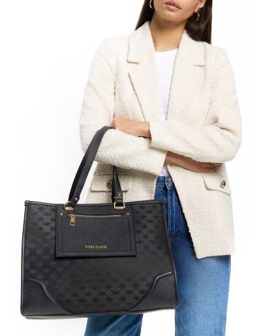 River Island Jacquard monogram shopper bag in black