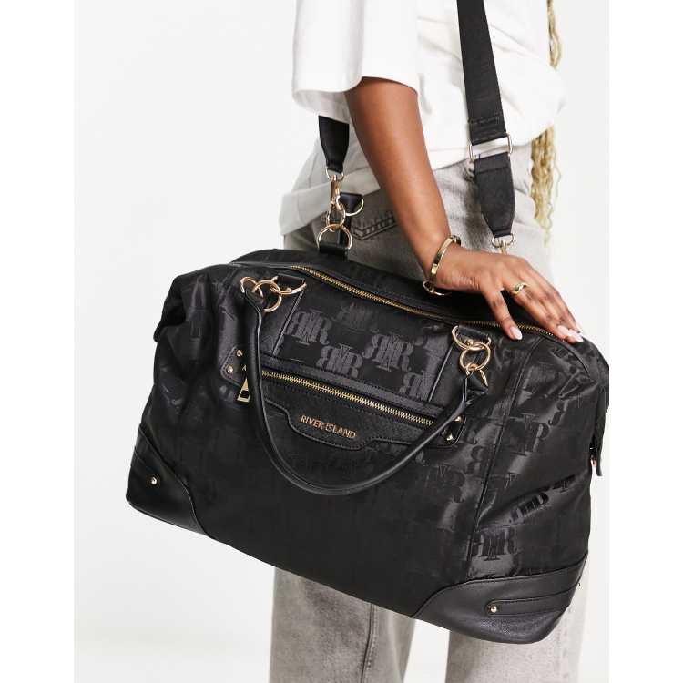 River Island jacquard monogram weekend bag in black ASOS