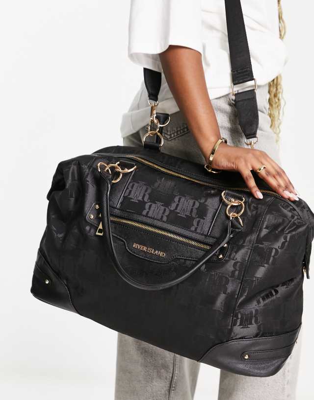 River Island jacquard monogram weekend bag in black