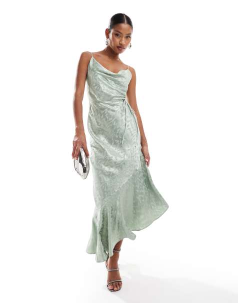 River Island jacquard satin midi slip dress in sage - view 1