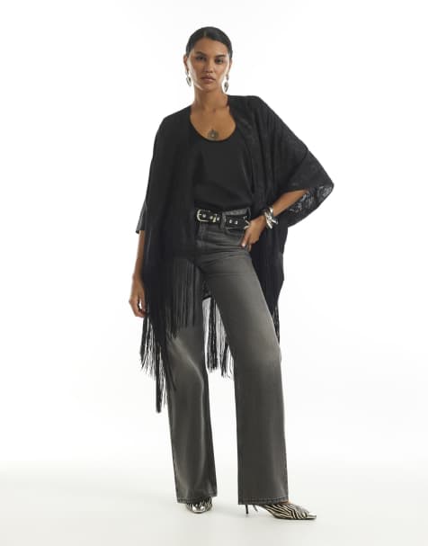 River Island Jacquard tassel trim kimono in black - view 1