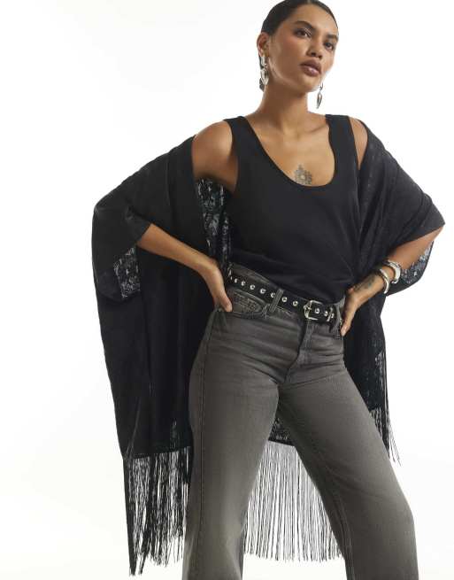River Island Jacquard tassel trim kimono in black, 2 of 4