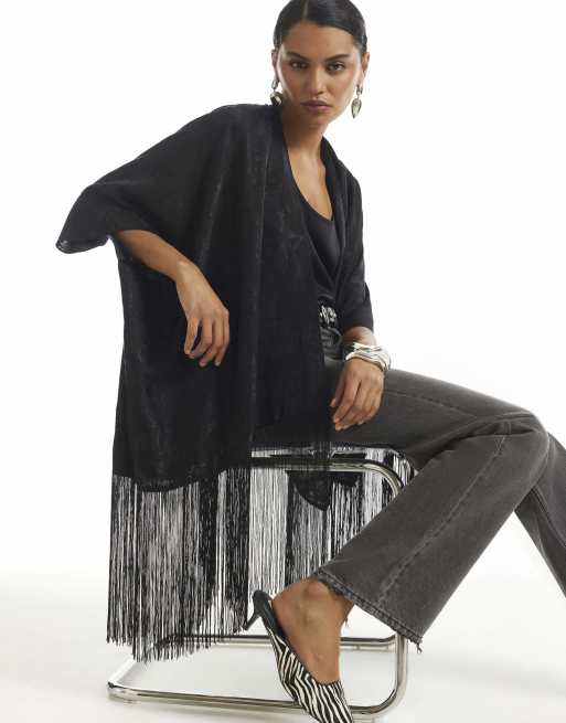 River Island Jacquard tassel trim kimono in black, 3 of 4