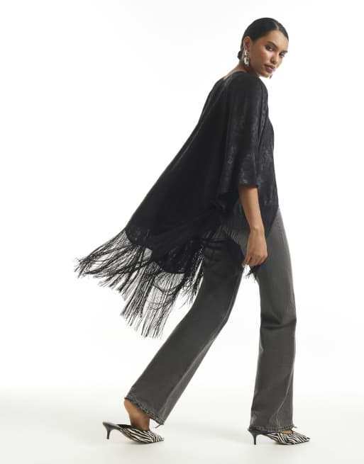 River Island Jacquard tassel trim kimono in black, 4 of 4