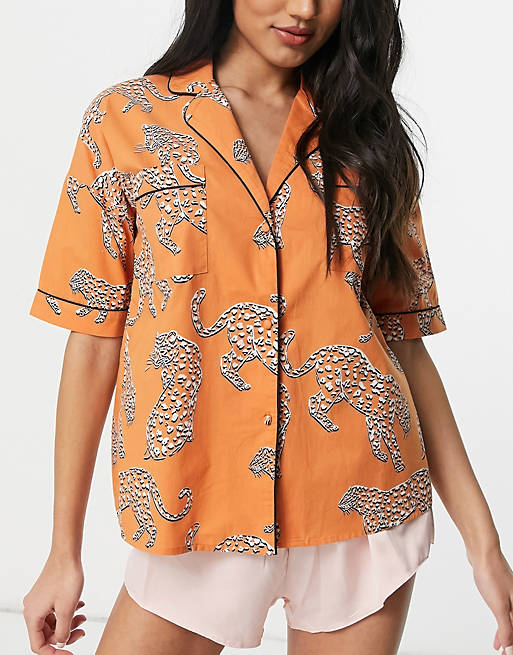 Women River Island jacquard tiger pyjama co-ord shirt in orange 