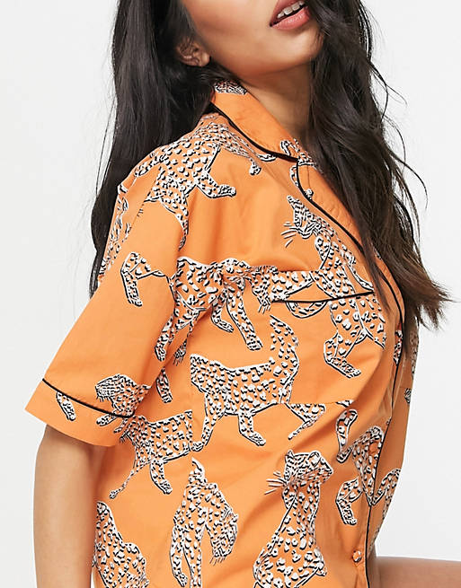 Women River Island jacquard tiger pyjama co-ord shirt in orange 