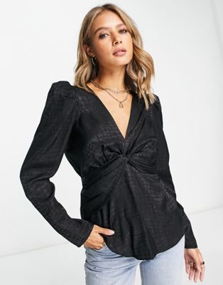 River Island jacquard twist front top with puff shoulder in black - ASOS Price Checker