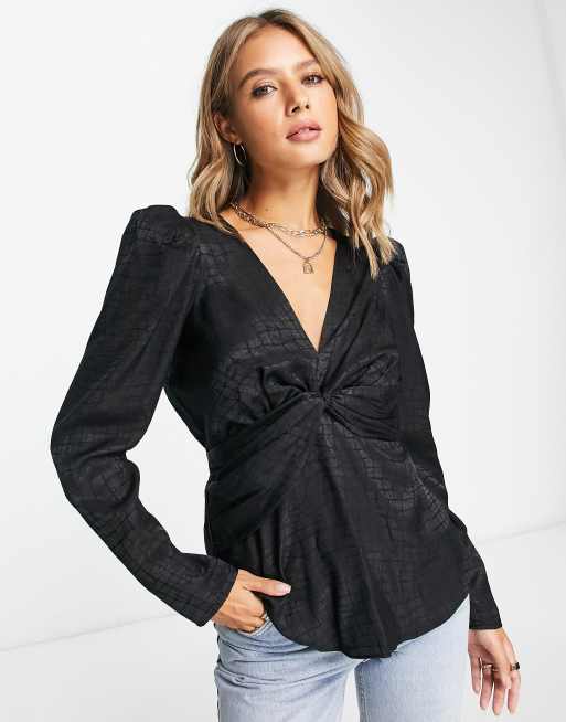 River Island jacquard twist front top with puff shoulder in black | ASOS