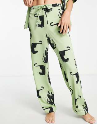 River Island Jaguar Satin Pajama Pants In Khakigreen ModeSens