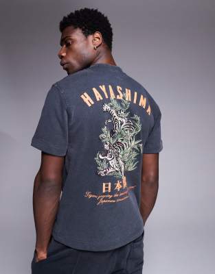 River Island Japanese back print t-shirt co-ord in washed black